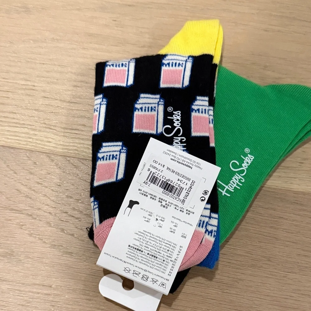 NWT Happy Socks Kids Crew Socks - two pairs - cat and milk size 7-9